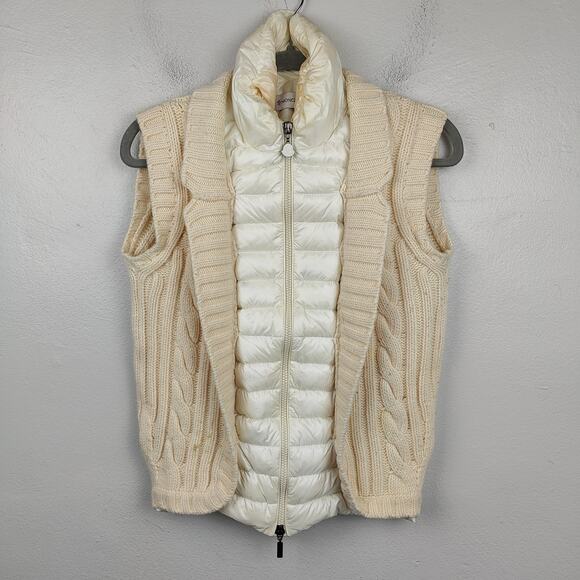 Moncler Sweater Vest Womens XS Cream Down Puffer Full‎ Zip Cableknit Wool Preppy - Picture 1 of 16